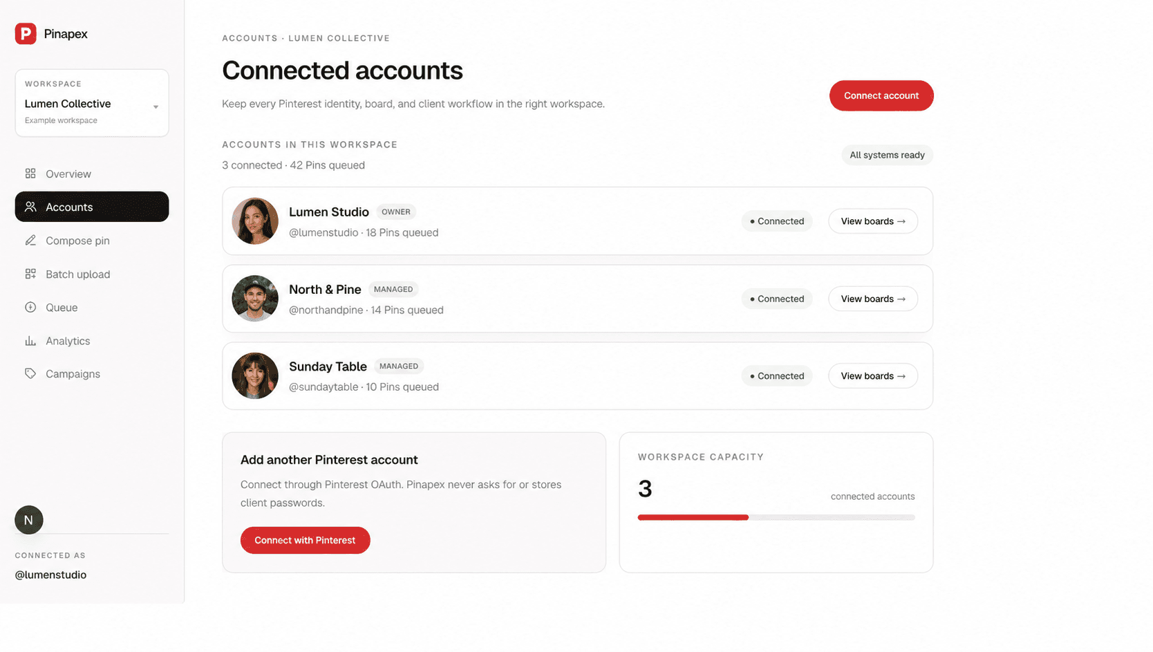 Pinapex connected accounts screen for managing multiple Pinterest accounts