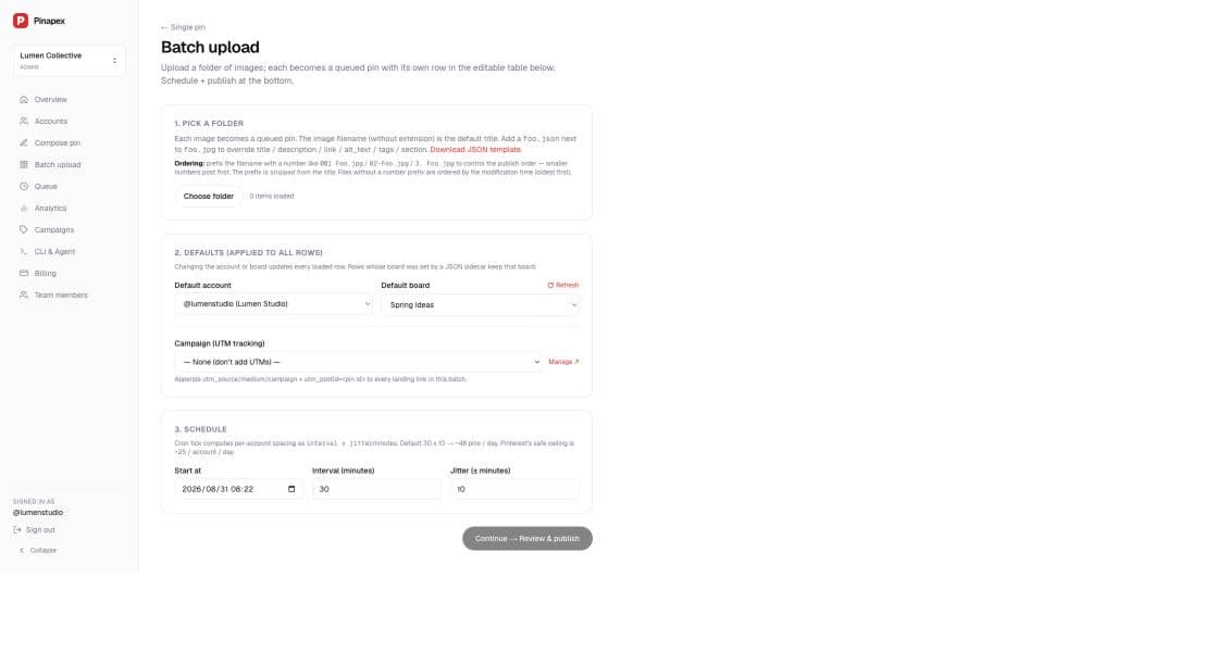 Full Pinapex batch upload screen with account board campaign and schedule controls
