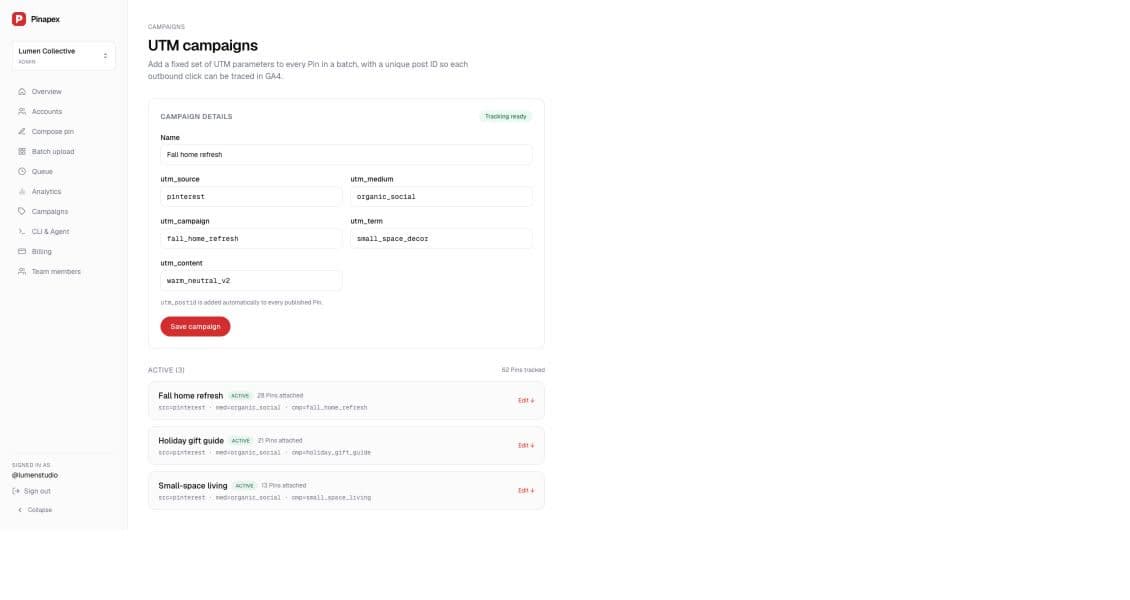 Pinapex Campaign UTM dashboard with sample tracking parameters and campaigns
